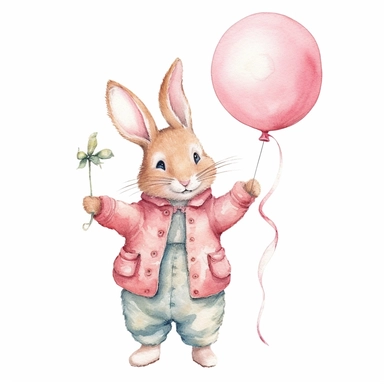 Watercolor svg clipart of a cute cartoon adorable Peter rabbit kawaii animal holding a pink balloon illustration by Beatrix potter , pastel pink jacket, png isolated on white background