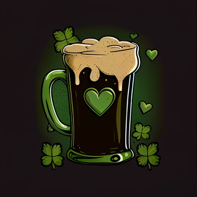 a simple st paticks day clipart, vector art with clean lines, one color screen print, plain black background, a green beer with a heart centered in it, has retro colors, cute cartoon, comic book, beer, shamrocks, adult humor