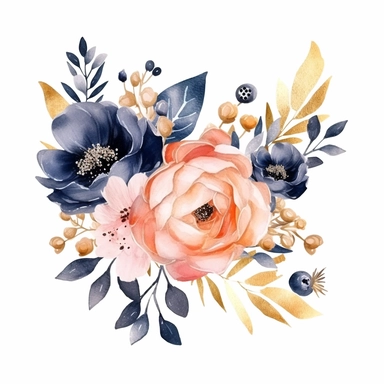 wedding floral clipart, watercolor, pink and golden and navy blue colors, isolated on white