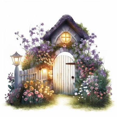 clipart, A charming blur fairy farm gate nestled amidst flowers, with twinkling lights and an inviting entrance, isolated on a white background with a wide margin.