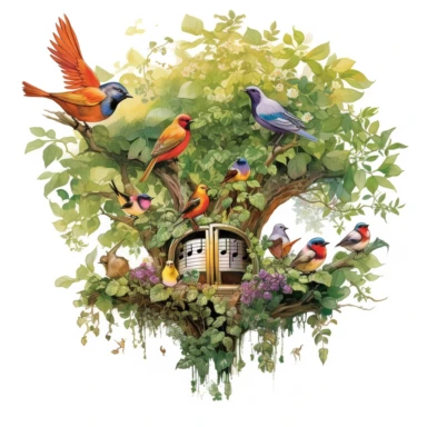 Nestled among the lush foliage of a Spring tree, a family of birds chirps happily, their melodious songs filling the garden with music, ,clipart, on a white background.