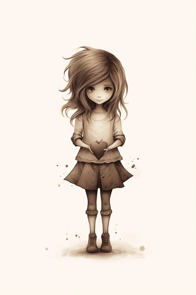 a little girl is holding up a heart, in the style of light beige and brown, meticulous inking, dye-transfer, lovely, wimmelbilder, angelcore, enamel, clipart