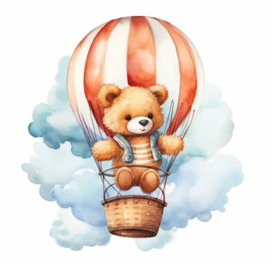 cute Teddy Bear in a hot air balloon in the clouds, clipart, watercolor, white background