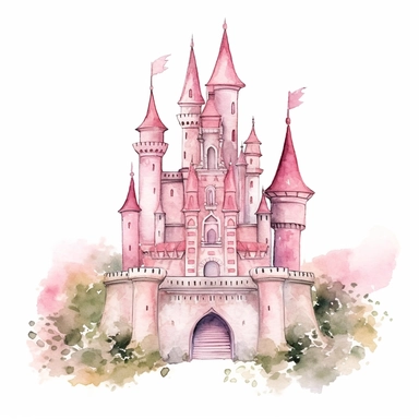 Princess castle clipart, watercolor princess pink fairy kingdom, white background