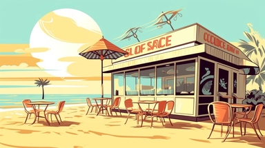 Beach Coffee shop clipart light yellow retro style