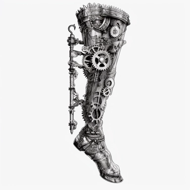 A steampunk-powered prosthetic limb, beautifully designed with intricate mechanical details ,Steampunk, black and white color obly, black ink, transparent background png, clipart no captions