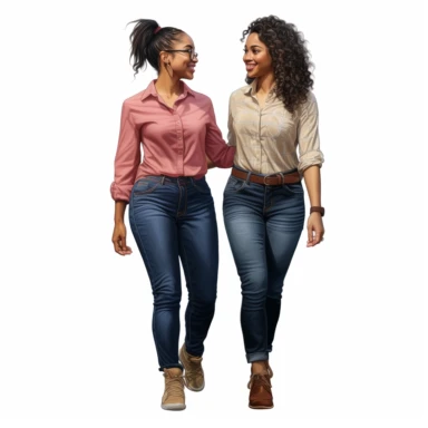 realistic illustration of two female african american friends standing very close to each other. Ladies are wearing denim jeans and a short top, belly is visible, modern look. Clipart, isolated on white background, 4K