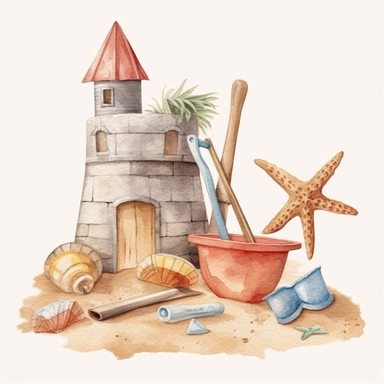 summer beach clipart with a sandcastle, bucket, shovel, and starfish, watercolor clipart, single design, 8k