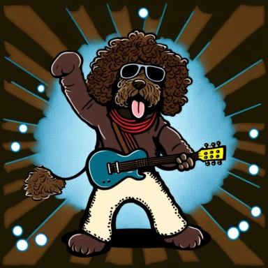 Generate a clipart illustration of a chocolate labradoodle dressed like a rockstar, performing in a rock concert. The illustration should show the dog in a pose that conveys energy, excitement, and confidence. The dog should be dressed in typical rockstar attire, such as leather jackets, studded collars, and sunglasses. The background should depict a rock concert setting, with lights, music, and a lively crowd. The illustration should be simple, yet visually dynamic and eye-catching, and should 