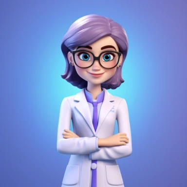 3d render. Cartoon character caucasian woman doctor wears glasses and uniform. Medical clip art isolated on blue violet background. Health care consultation, medical science
