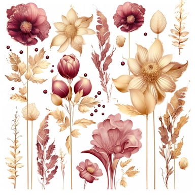 large gold and glass flowers with floral decorations, in the style of nature-inspired installations, delicate ink washes, Pink and burgundy, detailed miniatures, mosaics, organic texture, nature-inspired imagery, clipart set, white background, 4 objects
