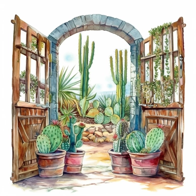 old country Western swinging saloon doors, surrounded by cactus, watercolor, clipart, white background