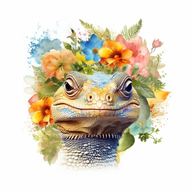 isolated clipart, cute reptile with flowers on its head, highly realistic, flickr, watercolorist, uhd image, multi-layered mixed media