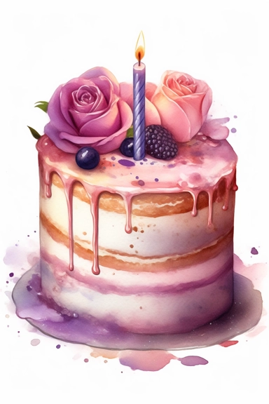 amazing detailed watercolor clipart of a beautiful detailed lilac and soft pink colored birthday cake, no caption, solid white background, cinematic light lighting, hyper-detailed, 8k, high resolution, symmetrical, full shot photograph, insanely detailed and intricate, beautiful, elegant, glamour, watercolor, cinematic