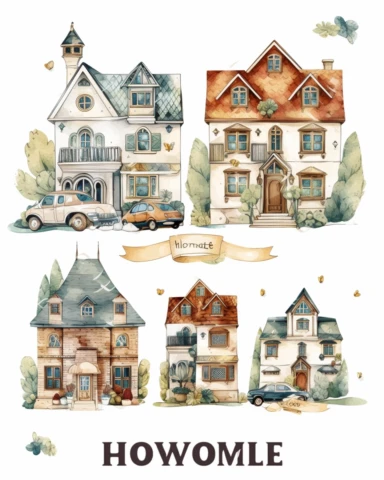 word HOME watercolor clipart set, isolated on white and solid background, rectangle