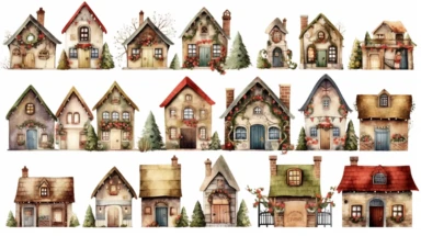 Sticker pack for scrapbooking, Christmas cute and whimsical houses, Christmas various decorations, Christmas scenery, colorful, high quality NO ugly pictures 1024 × 1024 light upscale, Michael Powell style, white background, clipart: