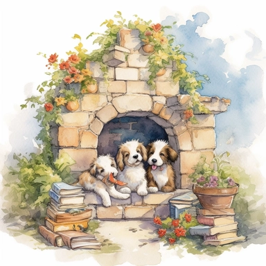 artwork in the style of cicely mary barker, cllipart, whimsical, watercolor illustration of cute and happy little puppies playing in a sunny backyard of a stone house, watercolor clipart, book cover illustration, hyper hd--q2--v5.