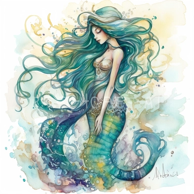 Watercolor-style clipart of a beautiful mermaid, her vibrant tail glistening in shades of aqua and turquoise. Long, flowing hair, the color of golden sunset, cascades down her back, interspersed with seashells and pearls. The mermaid is captured in a graceful pose, seemingly in mid-dance, amidst a flurry of gentle, colorful fish and floating bubbles. The backdrop is a soft gradient of undersea blues and greens, invoking an ambiance of tranquility and magic. The art style is soft, dreamy, and imm