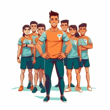group of PE students with a teacher in the front, vexel art, clipart,cute,clean,flat vector design, 2d,detailed, t-shirt vector design, isolated in white background
