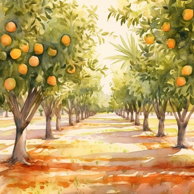 Citrus Grove: Create a watercolor clipart of an expansive orange grove, capturing the rows of trees and the play of light and shadow. Incorporate warm earthy tones and a sense of depth to bring the scene to life.