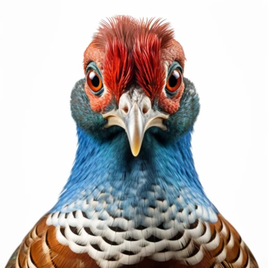 high def photograph clipart vector image with plain white background of a hyper realistic high definition photograph of a north american ring necked common pheasant. extremely detailed. 35mm lens. 8k. Ultra HD. Red around face, blue head, white ring around neck, brown body.