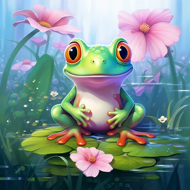 a emerald happy frog , a pink happy frog and flowers cartoon clip art free, in the style of large canvas paintings, adrianus eversen, nicoletta ceccoli, uhd image, embroidery, lisa frank, emerald and blue,
