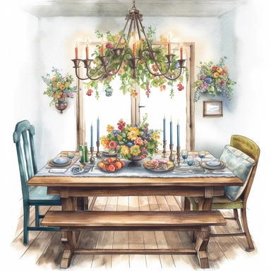 watercolor, hyper realistic, white background, white margins, 16k, ultra detailed clipart, cut out image, hand-drawn, whimsical a cozy dining room with a large farmhouse table and bench seating, decorated with a vintage floral tablecloth and a hanging chandelier
