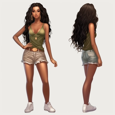beautiful black teenage girl with beautiful long hair to her waist, dressed casually. Full perspective and, long shot A young black woman with full lips and a big beautiful smile, dressed in khaki shorts and a tank top, has long hair and beautiful shapely legs, wearing heels, clipart in the style of digital airbrushing, feminine sticker art, dollcore, realistic face, realistic body, glamorous,