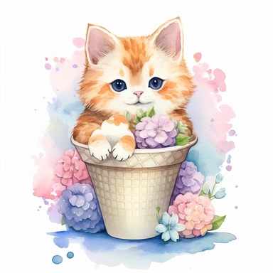 illustrations, 2d flat vector, wallpaper, Ice cream cones and cookies, cute kitten and flowers, watercolor, watercolor illustration, watercolor clipart, kawaii, cute, full Illustration, 4k, watercolor, soft lighting, watercolor style, perfect composition, perfect illustration, children's style fairy tales, Conrad Roset, Aikut Aidogdu, Agnes Cecil, flat color vector, Seamless repeating pattern, Detailed, symmetrical tiled patterns, repeating texture, repetitive and consistent