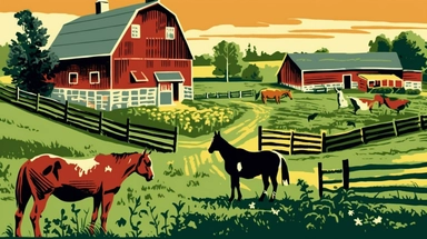 in clipart style, pen and ink, minimalist, in the style of Eric Carle, As you walk through the farm, you pass rows of bright green vegetables and vibrant fruit trees, each one ripe for the picking. The barn nearby houses a group of horses, their whinnies filling the air as they playfully gallop around their stalls.