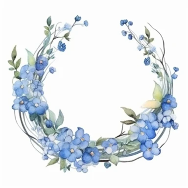 clipart of a sharp and delicate floral garland, without too much flowers and leafs using forget-me-nots flower, studio ghibli watercolor style, isolated on white background, maximalism, complex, very high definition