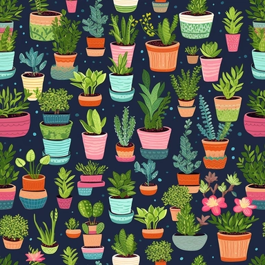 A cheery, clipart-style pattern of various potted plants, each with its own unique character and charm. Some pots have blooming flowers, while others host succulents, ferns, and even bonsai trees. The colors are mild and soothing, and the pattern seamlessly repeats, creating an endless garden, perfect for creating a calm, green space on any wall.