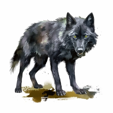 a watercolor of a realistic green eyed black dire wolf forrest, wild life Style, vector free clipart illustration, in the style of unreal engine 5, 32k uhd, detailed features, white background
