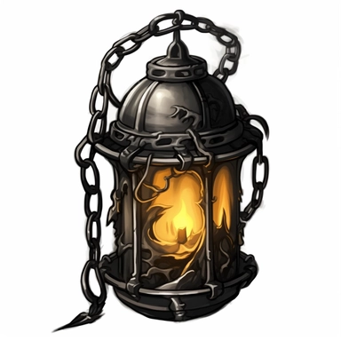 an evil lantern that spreads unholy light, as seen in a role-playing game book, as an usable item, Gothic, black iron chain, in D&D style, Clipart, skull like,