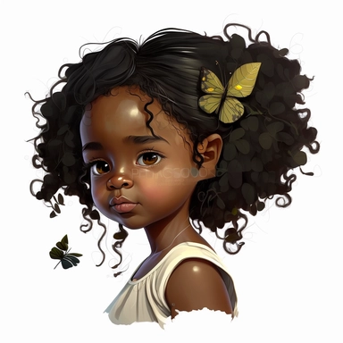 melanin little girl african american clipart long heir rosa chick unusual angle wight background with simmetrical beautiful face children mack up bodyart and little butterflies sunflavers pixar cartoon style
