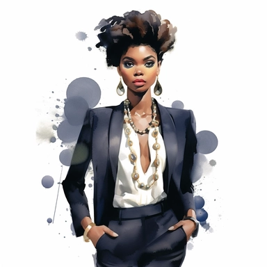 Black woman in a chic pantsuit with a statement necklace, water color style, clipart, white background