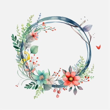 Springwood circle flower Christmas watercolor composition with twigs on a white background. wreath, frame, and border. Greeting card, poster, banner with space for text CUTE STICKER Frealistic cartoon in 32K UHD cute. 15 cm thick outline. Black color. There was no shadow on the ground. 8k with realistic watercolors and detailed illustrations. PNG clipart, transparent white background
