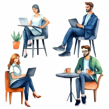 watercolor, Set of freelance people working remotely Collection of man and woman use computer or laptop at comfortable workplace isolated on white. Self employed person at home office png Full body realistic cartoon in 32K UHD cute. 15 cm thick outline. Black color. There was no shadow on the ground. 8k with realistic watercolors and detailed illustrations. PNG clipart, transparent white background