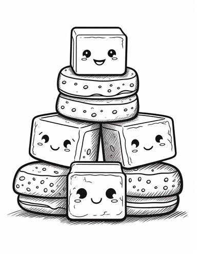 Kawaii s'mores with smiling faces, featuring toasted marshmallows, chocolate, and graham crackers For Simple Coloring page,line art, thick lines, black and white,clipart, illustration, on white background,margin Page 10px