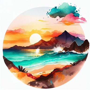 Watercolor sunset summer clipart, landscape capturing the serenity of a tropical beach, where turquoise waves meet the sandy shore, surrounded by majestic mountains rising in the distance, white background