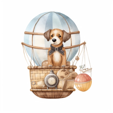 balloon with a basket , Wood dog Pilot Clipart, Aviator Clipart, cute sweet baby animals Illustrations vintage