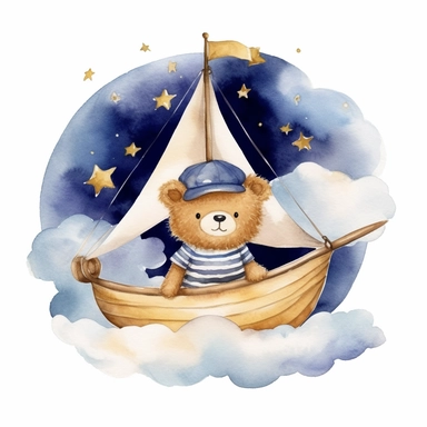 night sky clouds and a swarm of golden stars. a cute plushie sailor bear in a striped blue and white shirt and a sailor hat, in a wooden sailboat with a white sail, sailing on fluffy clouds not sea. dreamy. prominent visible brush strokes, watercolour texture, watercolor clipart png on white background