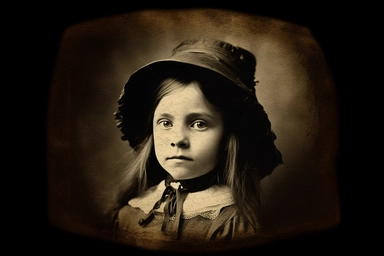 Sinister Victorian photo of a young witch, daguerrotype, clipart, spaced out, hd,