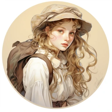 very beautiful girl with schoolbag, vintage, white background, round clipart with pastel color, detailed and lovely Renaissance painting