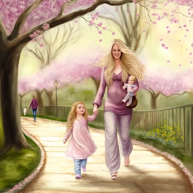 beautiful young pregnant mother with long beautiful blonde hair and toddler daughter with beautiful long auburn hair holding hands walking in park, flowering trees, path lined with benches, highly detailed, realistic, fantasy, ethereal, soft colors, pink, purple and lilac, sharp focus, clipart style