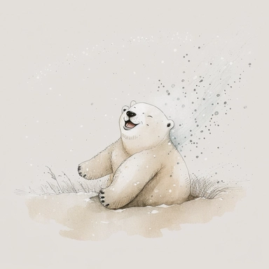 watercolor and pencil drawing of an an anthropomorphic baby polar bear rolling in snow, ​happy, gentle smile, beautiful watercolor ink wash coloring, thick pencil lines, Jon klassen, beatrix potter, popular on etsy, watercolor illustrations clipart, watercolor illlustrations for kids and children, plain white backgroun