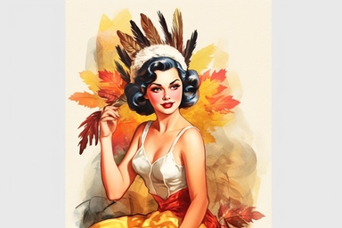 1950s Pin up girl with turkey, thanksgiving watercolor clipart