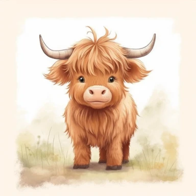 A super cute smiling highland cow, in the style of delicate children's book illustrations, bringing a fairytale to life with artistic, minimalistic details. depicted in a handdrawn doodle style, with pastel painting techniques creating a soft and dreamy effect. The illustration captures the essence of innocence and wonder, for clipart on white background