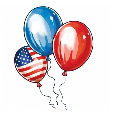 american patriotic flag balloons clipart illustration, centred, only three, vibrant colors, red, white and blue, add the flag, on a white background, no watermark, no logo, no writing