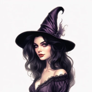 beautiful persian victorian witch with black hair wearing a pointed witch hat, looking left, victorian hairstyle, victorian witch hat, Victorian era clothing, beatiful smile, realistic inverted portrait white background, high quality, hyper-realistic, witch Clipart,black and purple dress